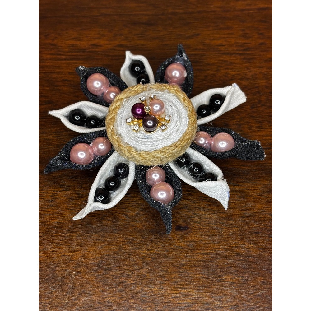 Handmade Denim Flower Magnet Black White Faux Pearl Jute - 3 - Picture 4 of 5